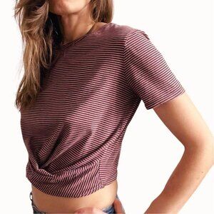 Zara Trafaluc Size S Maroon and Black Striped Front Knot Twist Crop Top